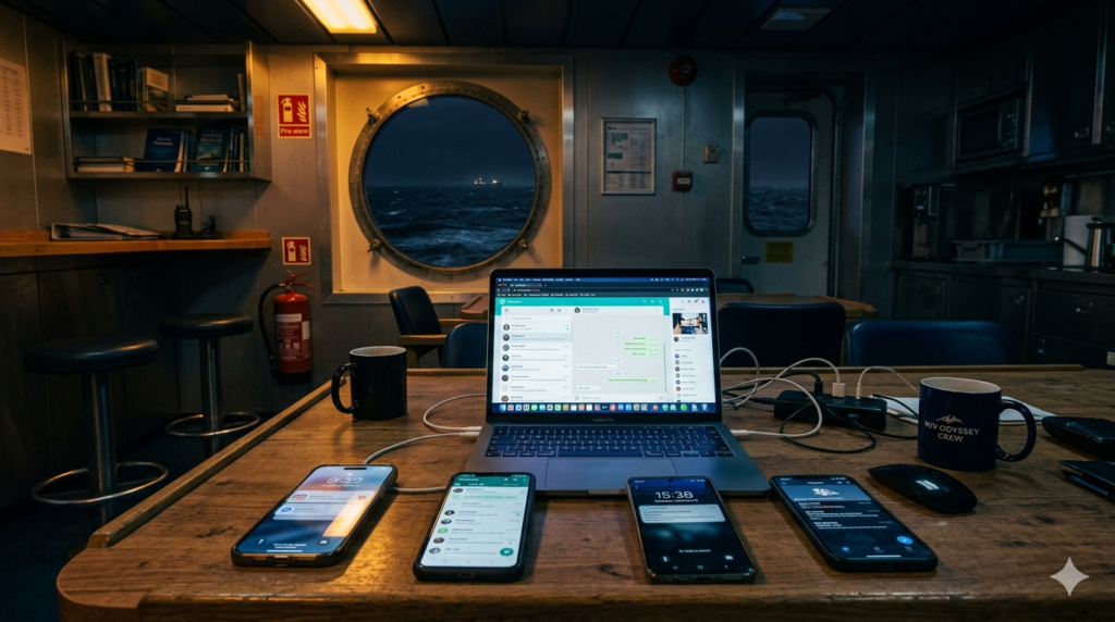 The 82% Problem: Why Your Crew Network Is the Real Maritime Cyber Frontline Personal devices on a vessel crew mess table at night — crew network cyber security risk illustration