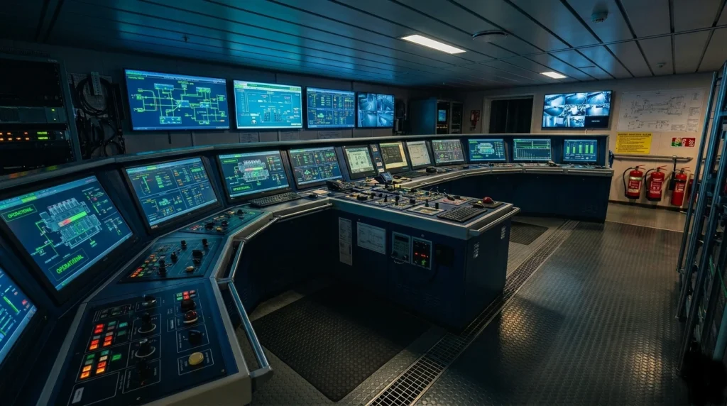 Maritime OT Playbooks — Engine Control Room Ship engine control room with SCADA monitoring screens and OT control panels